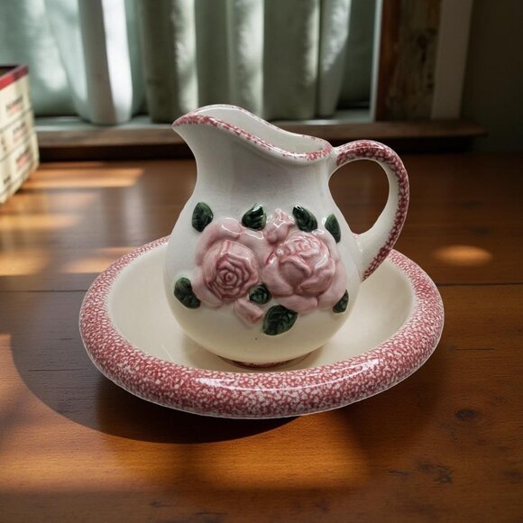 Vintage Wash Basin Bowl and Pitcher with 3D Hand PaintednPink Roses and Sponged - Picture 1 of 7